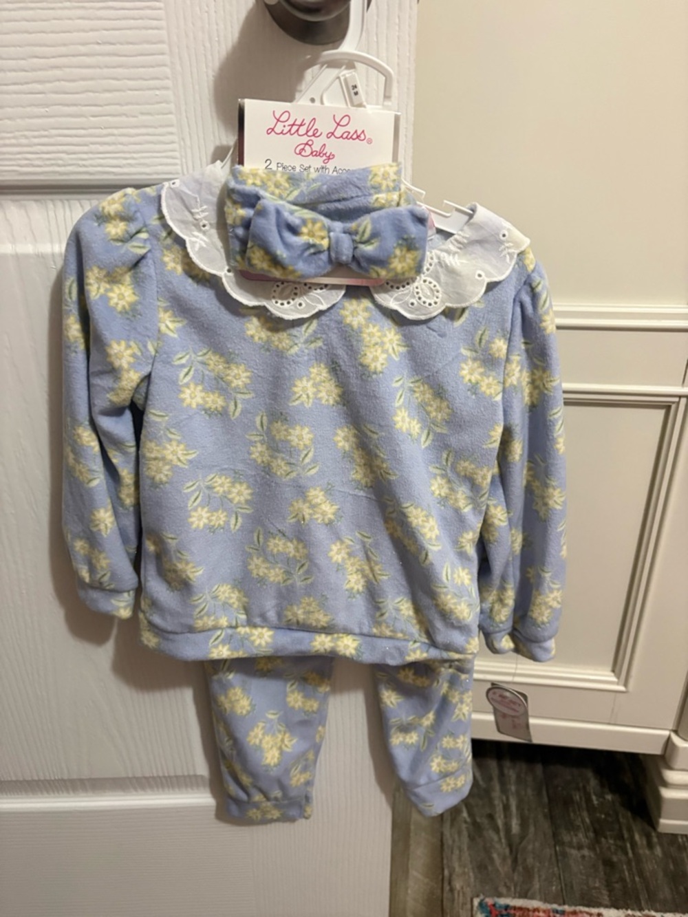 Little Lass Light Blue and Yellow Floral Set with Eyelet Collar and Headband
